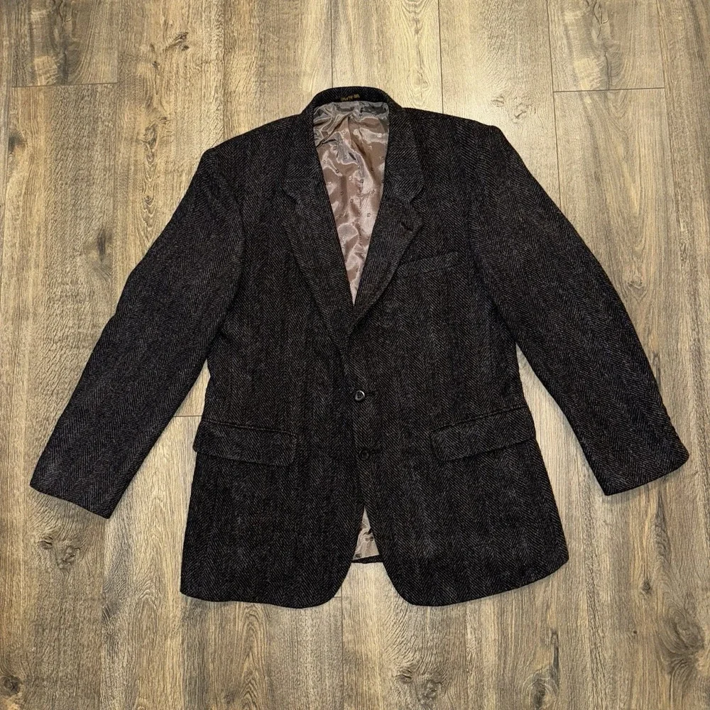 Vtg‎ Hunting Horn Wool Sport Coat Mens 44L Herringbone Tweed Blazer Suit Jacket